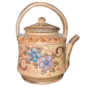 VTG Portugal Algarve Folk Art Mediterranean Pottery Signed Floral Lidded Teapot